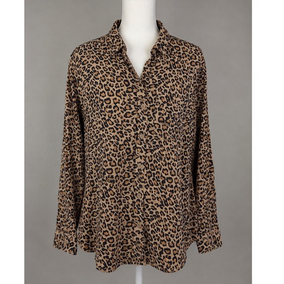 beachlunchlounge Tops - Beachlunchlounge Leopard Print Button Down Shirt Viscose Tan Black Small Flowy